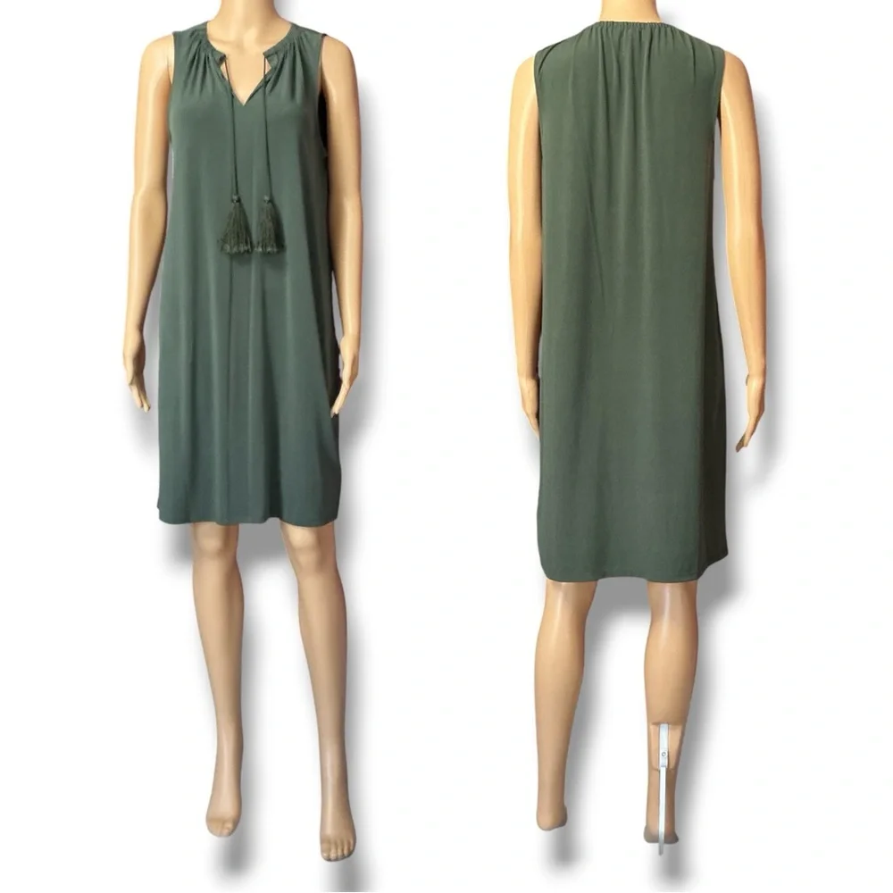 Michael Kors Olive Green Sleeveless V-Neck Dress with Tassel Tie